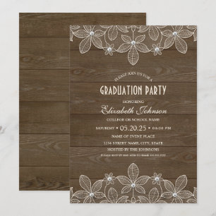 Invitation Parti de Graduation Rustique Wood Lace Pearl Grad