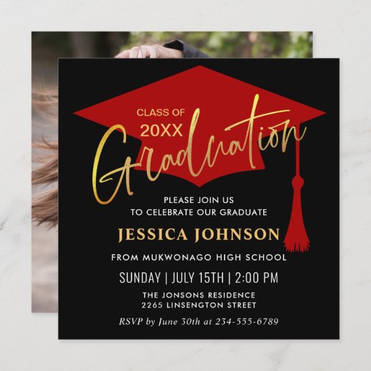Invitation Parti de graduation simple or rouge moderne (Devant / Derrière)