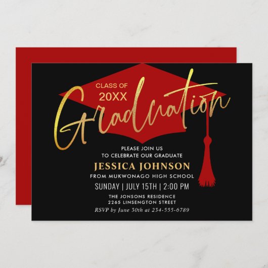 Invitation Parti de graduation simple or rouge moderne (Devant / Derrière)