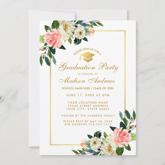 Invitation Parti de graduation Tropical rose Floral Invitatio (Devant)