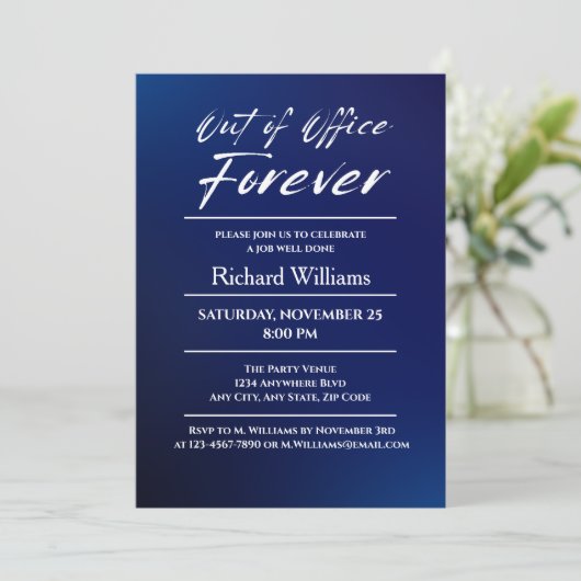 Invitation Parti de la retraite à thème bleu moderne (Debout devant)