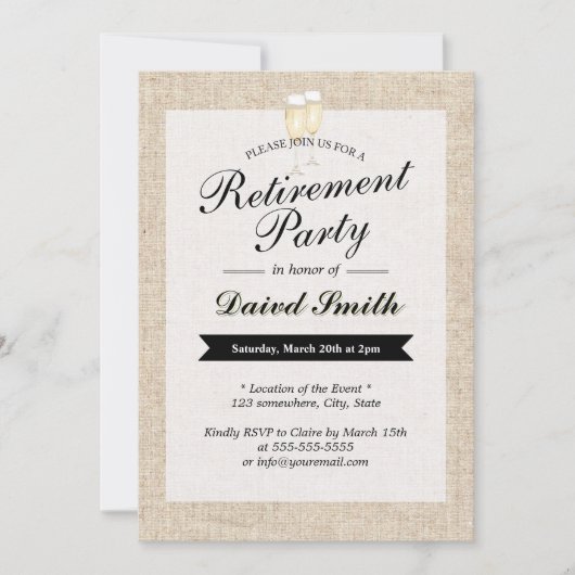 Invitation Parti de la retraite applaudit Rustic Burlap (Devant)