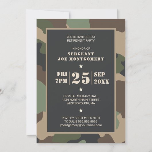 Invitation Parti de la retraite Camouflage militaire de bois (Devant)
