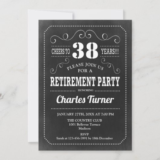 Invitation Parti de la retraite - Chalkboard noir Motif blanc (Devant)