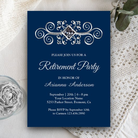 Invitation Parti de la retraite Diamond Flourish en argent bl