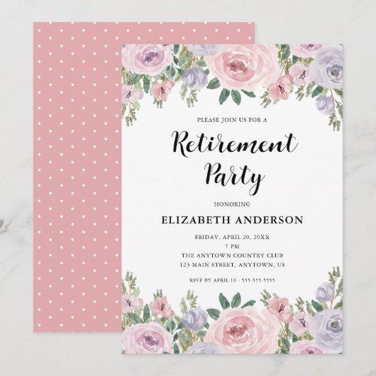 Invitation Parti de la retraite élégante Pastel Roses & verdu (Devant / Derrière)