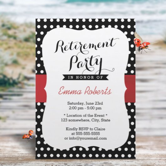 Invitation Parti de la retraite Ruban rouge noir blanc Polka 