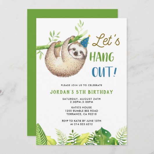 Invitation Parti de la Sloth | Fête d'anniversaire de Sloth B (Devant / Derrière)