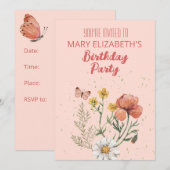 Invitation Parti de l'anniversaire Fleur sauvage rose (Devant / Derrière)