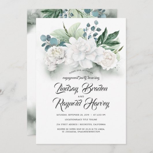 Invitation Parti de l'engagement des fleurs vertes et blanche (Devant / Derrière)