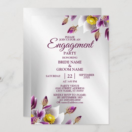 Invitation Parti de l'engagement Floral rose violet argenté é (Devant / Derrière)