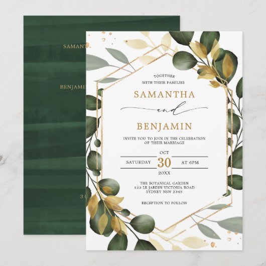 Invitation Parti de mariage de l'Eucalyptus Gold Green (Devant / Derrière)