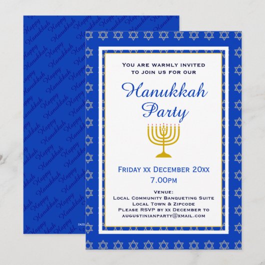 Invitation Parti de Menorah HANOUKKA Personnalisé Bleu (Devant / Derrière)