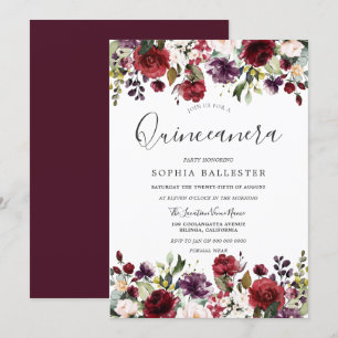 Invitation Parti de Quinceanera botanique rouge de Bourgogne