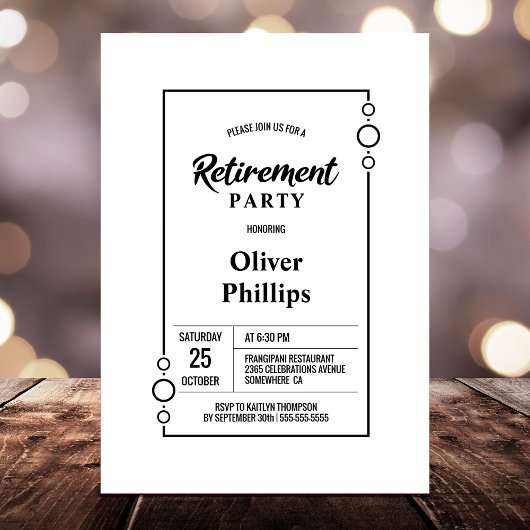 Invitation Parti de retraite blanc avec Black Frame Party