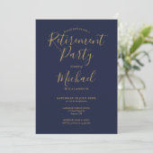Invitation Parti de retraite bleu marine et or Script (Debout devant)