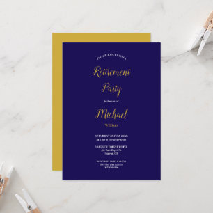 Invitation Parti de retraite bleu marine et or Script