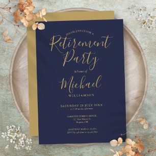 Invitation Parti de retraite bleu marine et or Script