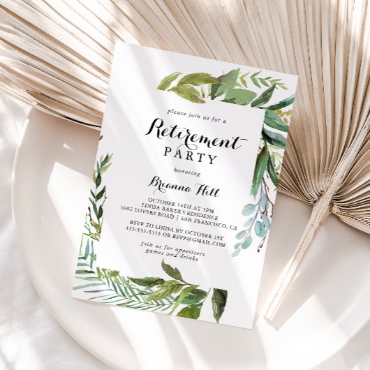 Invitation Parti de retraite calligraphie tropicale verte