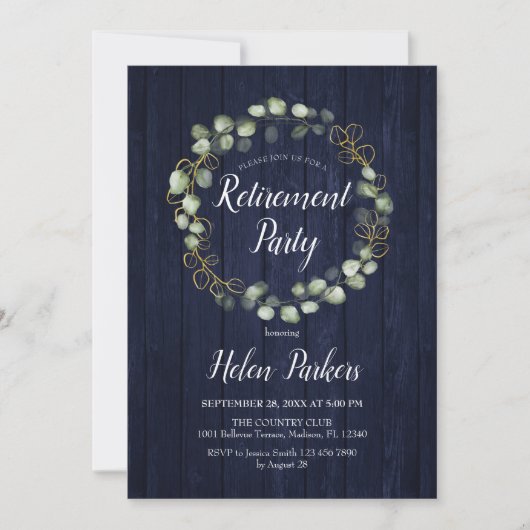 Invitation Parti de retraite - Courbe bleu marine Eucalyptus (Devant)