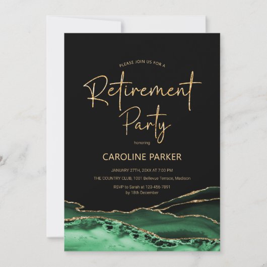 Invitation Parti de retraite de l'or noir vert Agate (Devant)