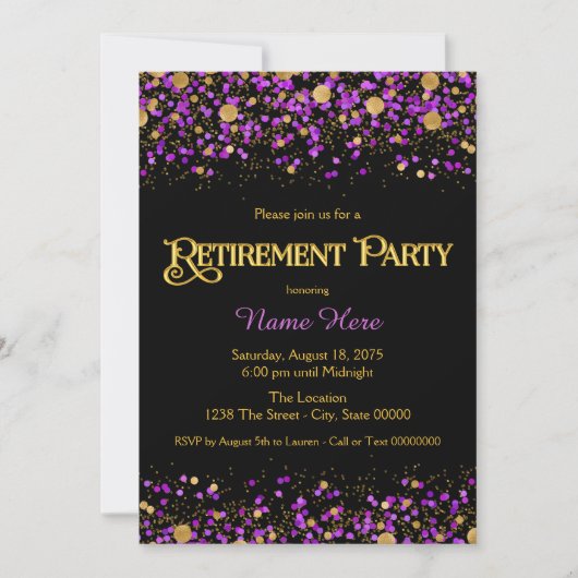 Invitation Parti de retraite de Parties scintillant violet et (Devant)