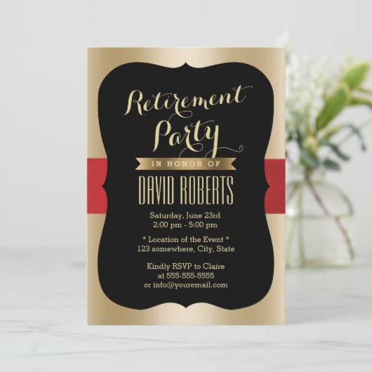 Invitation Parti de retraite élégante Ceinture rouge Noir & O (Debout devant)