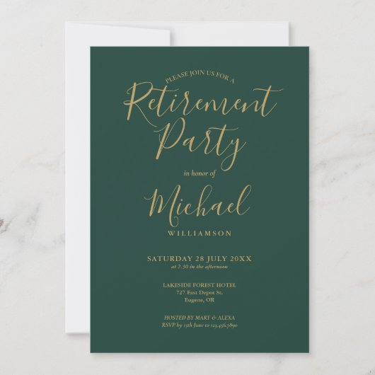 Invitation Parti de retraite Emerald Green et Gold Script (Devant)