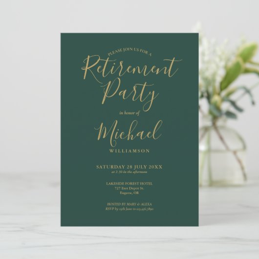 Invitation Parti de retraite Emerald Green et Gold Script (Debout devant)