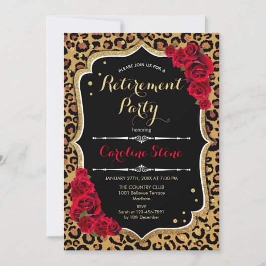 Invitation Parti de retraite - Empreinte de léopard Black Red (Devant)