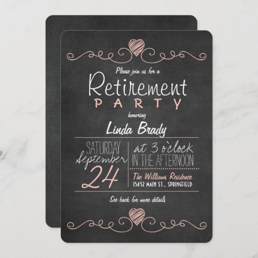Invitation Parti de retraite en tableau noir rose et blanc (Devant / Derrière)
