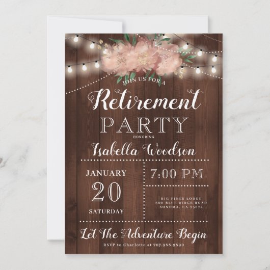 Invitation Parti de retraite Floral Bois Rustique (Devant)