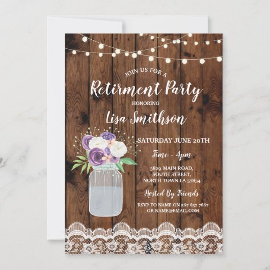 Invitation Parti de retraite Floral dentelle bois Mason Jar I (Devant)