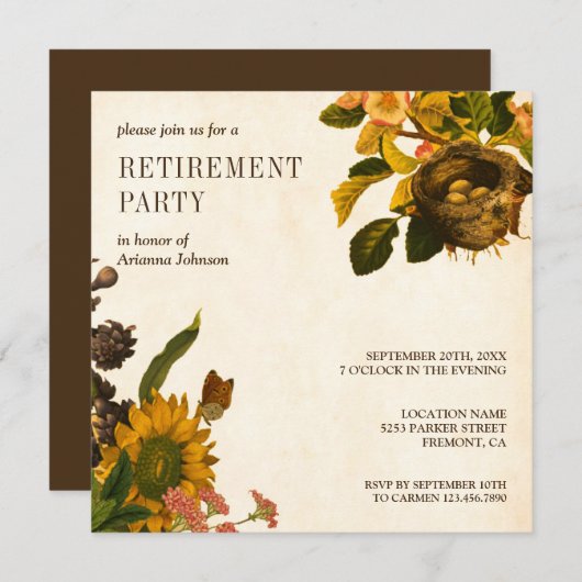 Invitation Parti de retraite floral Vintage (Devant / Derrière)