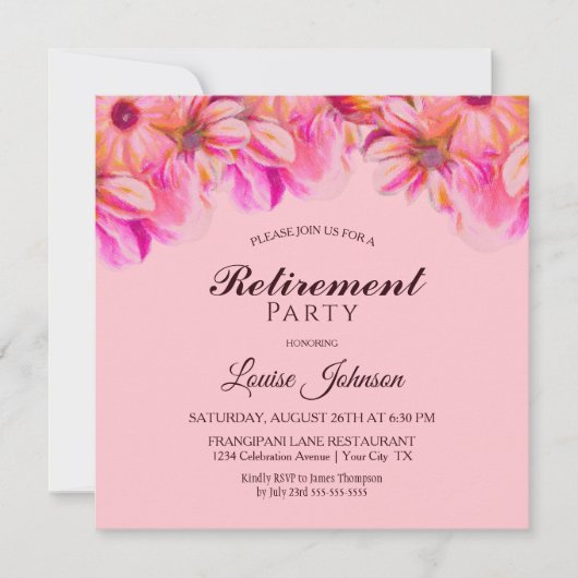 Invitation Parti de retraite florale rose et jaune (Devant)