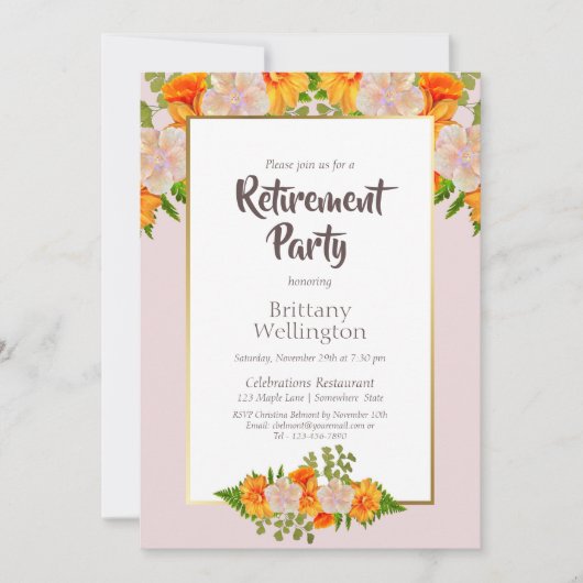 Invitation Parti de retraite florale rose orange (Devant)