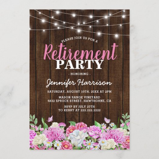 Invitation Parti de retraite florale rose rustique (Devant)
