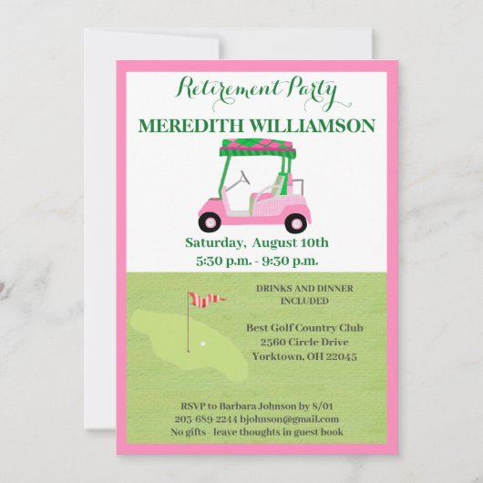 Invitation Parti de retraite Fun Pink Green Golf Party (Devant)