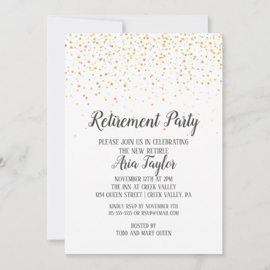 Invitation Parti de retraite Gold Confetti (Devant)