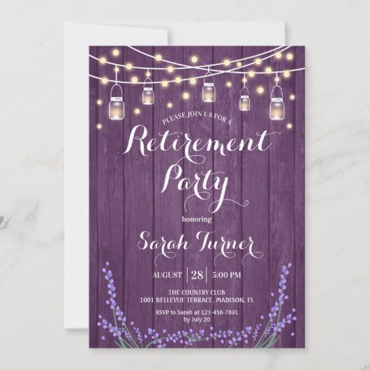 Invitation Parti de retraite - Lavande Rustique Violet Bois (Devant)