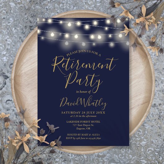 Invitation Parti de retraite Marine Blue and Gold String