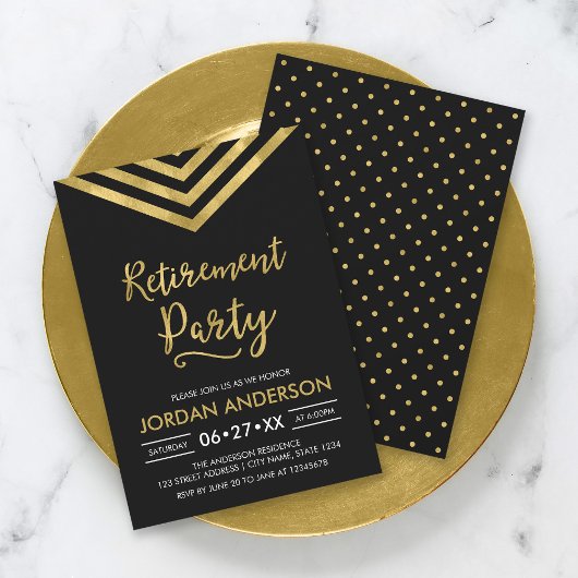 Invitation Parti de retraite moderne Black Faux Gold Chevron