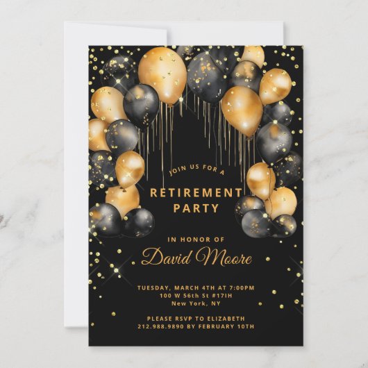Invitation Parti de retraite moderne Black Gold (Devant)