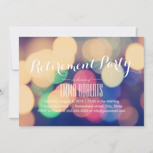 Invitation Parti de retraite moderne Bokeh Lights (Devant)