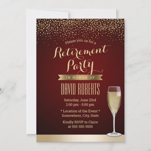 Invitation Parti de retraite Moderne Bourgogne Rouge Or Confe (Devant)