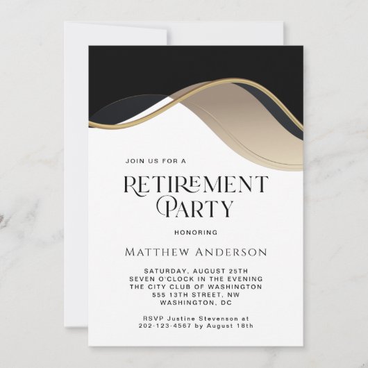 Invitation Parti de retraite moderne Noir, Or et Tan (Devant)