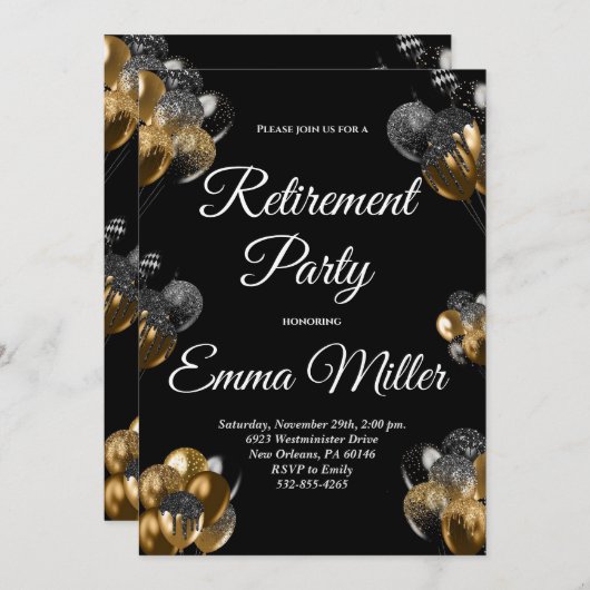 Invitation Parti de retraite noir et or (Devant / Derrière)