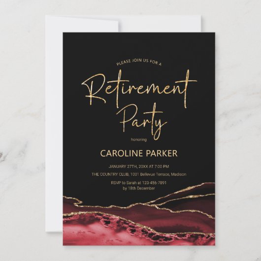 Invitation Parti de retraite Or Noir Rouge Agate (Devant)