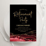 Invitation Parti de retraite Or Noir Rouge Agate<br><div class="desc">Invitation à la retraite agate rouge,  noir et or. Design élégant et moderne avec aquarelle agate marbre arrière - plan,  fausse parties scintillant or et typographie script de police. Carte invitation tendance idéale pour une célébration de retraite élégante pour femmes. Invitations Zazzle imprimées ou téléchargement instantané modèle imprimable numérique.</div>