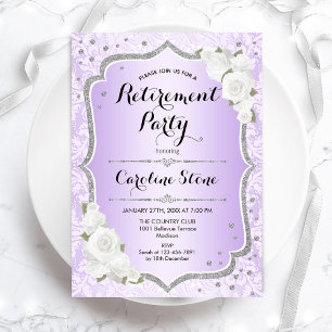Invitation Parti de retraite - Roses blanches d'argent violet